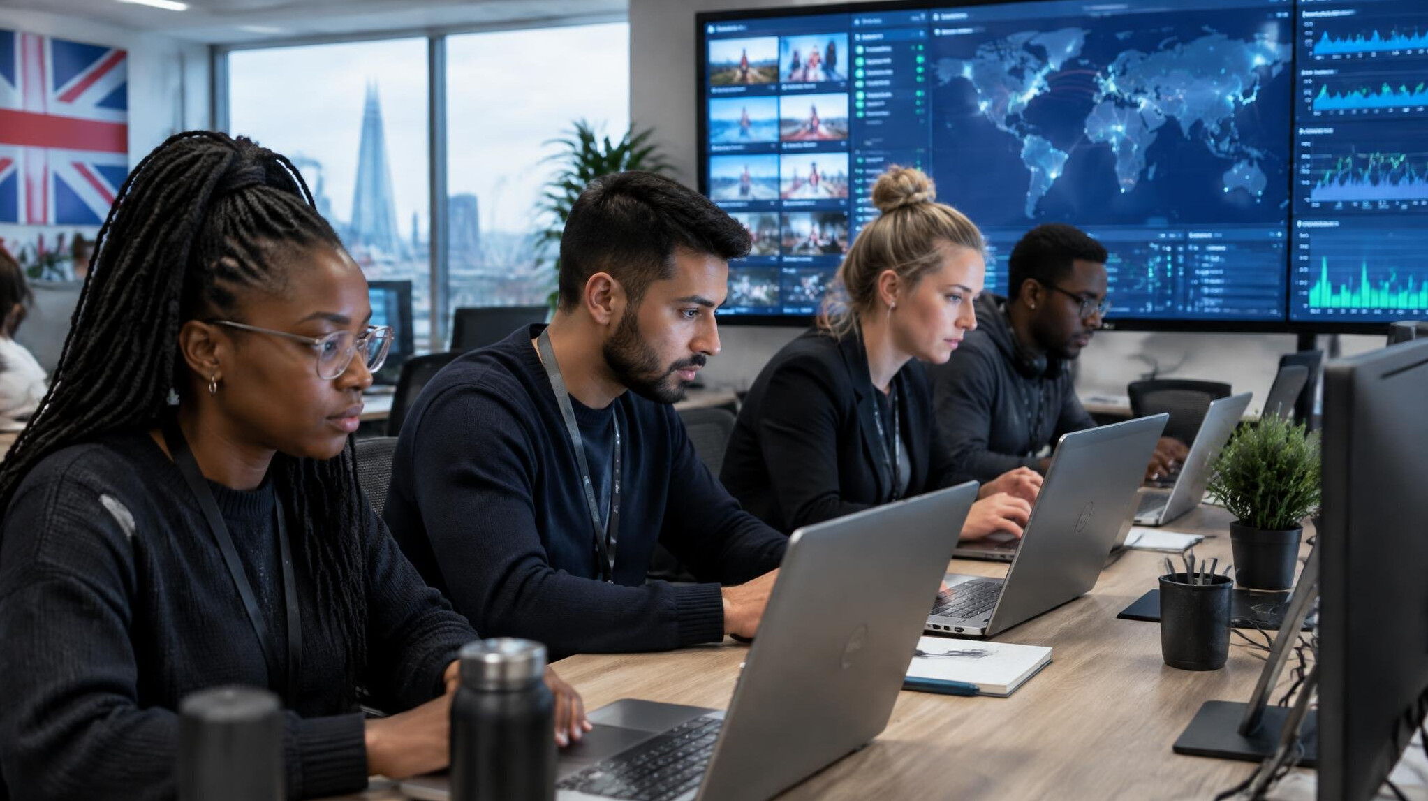 People working at laptops in a modern workspace
