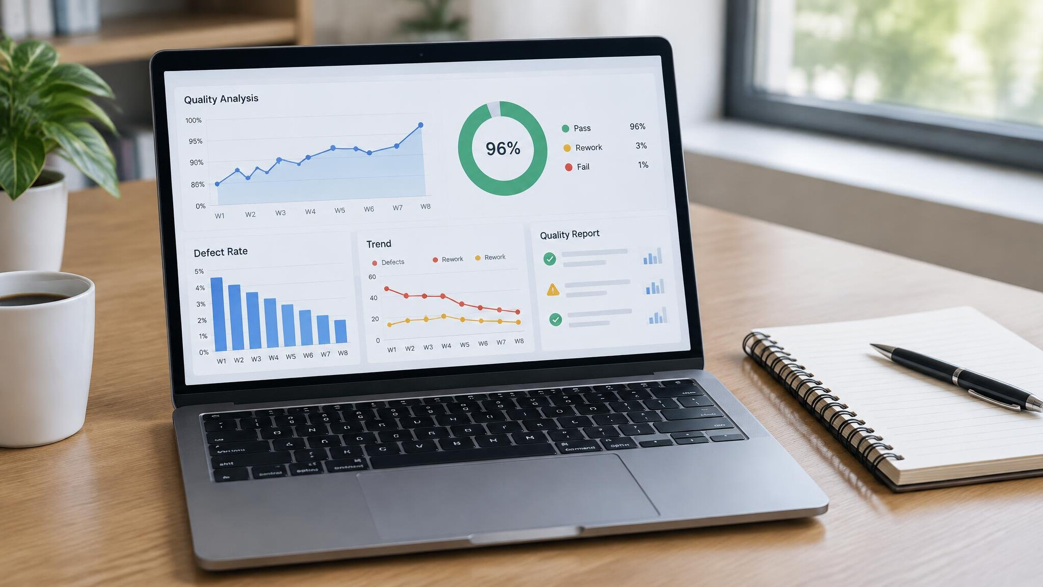 Laptop showing analytics and reports on a desk