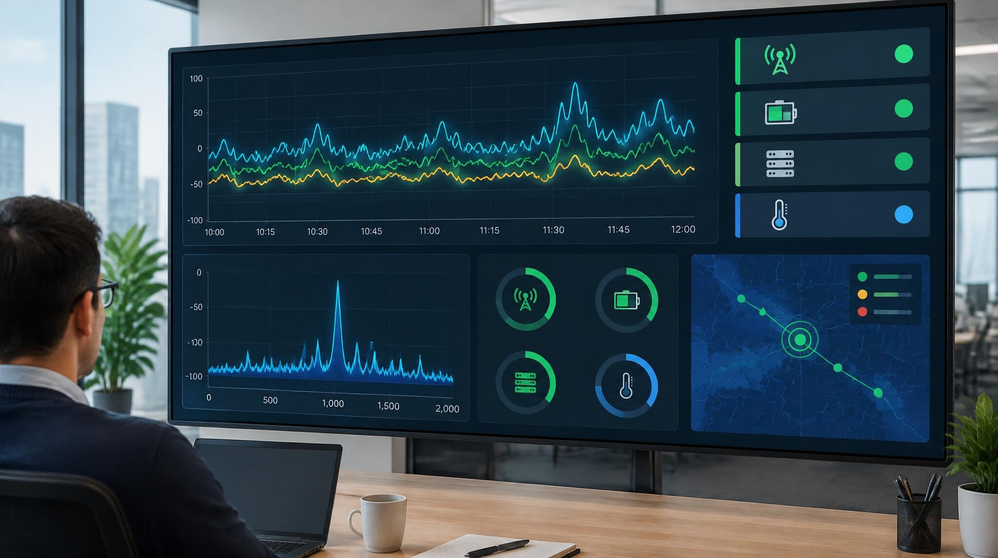 Monitoring dashboard with charts on a screen