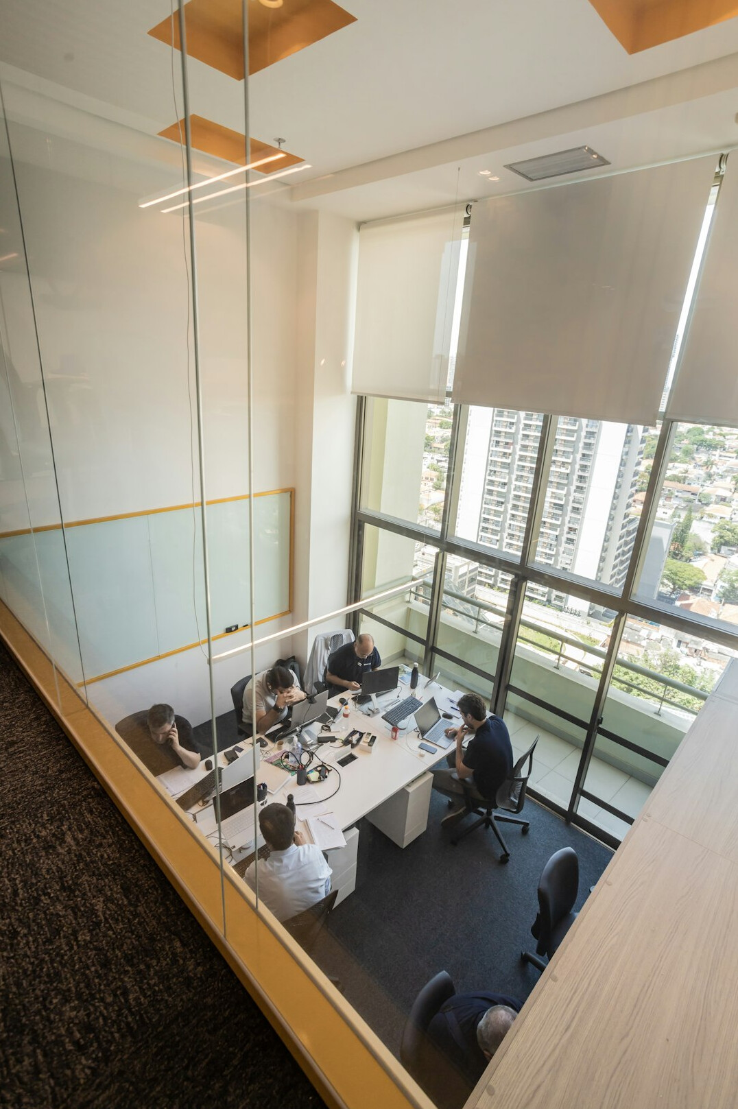 Team collaborating around a table in an office